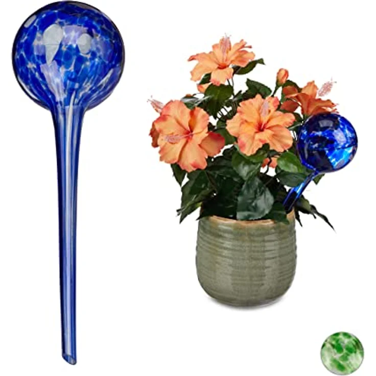 relaxdays Tropfer Bewässerungskugel 2er Set Glas, blau, 350 ml Füllmenge, dekorative Bewässerungshilfe – Bild 1