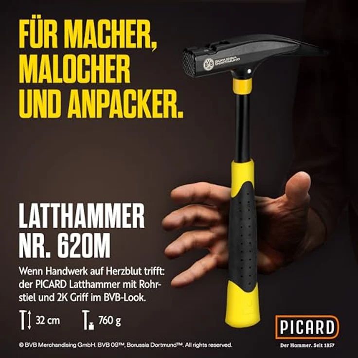 PICARD Hammer Latthammer 760g mit BVB-Logo, schwarz-gelb, geraut, ergonomischer 2K Griff – Bild 2