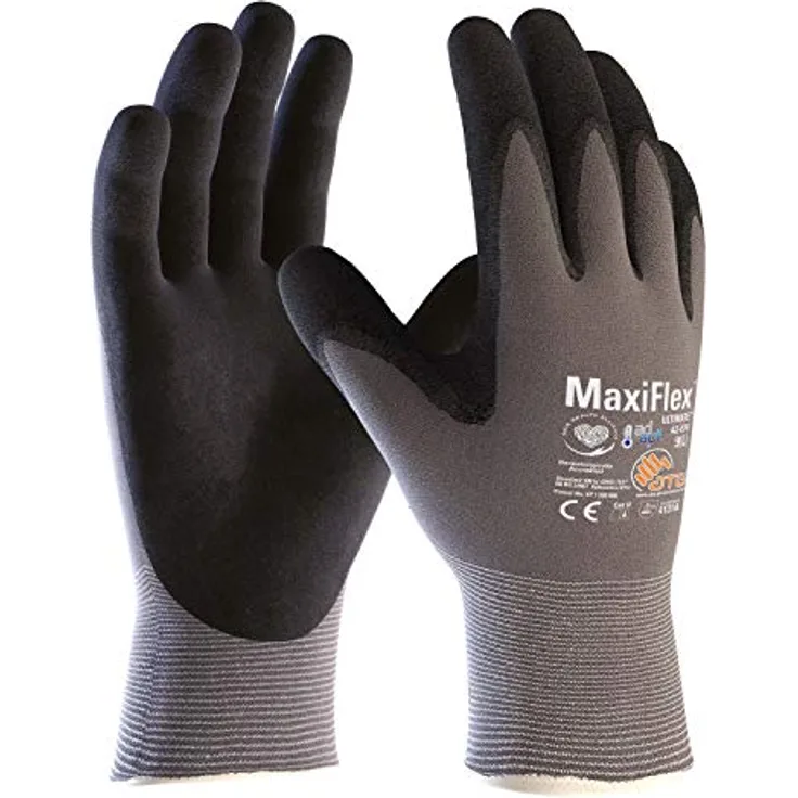 ATG Montagehandschuhe 42-874 MaxiFlex Ultimate AD-APT, 144 Paar, grau/schwarz, mit Nitril-Mikroschaumbeschichtung und AD-APT-Cooling-Technology, waschbar bis 40°C, zertifiziert nach Öko-Tex Standard 100