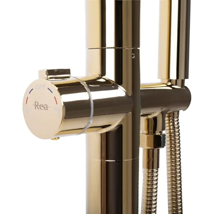 Rea CLARK GOLD Freistehende Badewannenarmatur, Einhebel Mischbatterie mit Handbrause, Messing, Gold, 920 mm Höhe – Bild 3