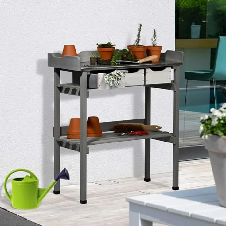dobar® Pflanztisch, 3 Schubladen und Ablageboden, Massivholz mit verzinkter Arbeitsplatte, 78 x 38 x 88 cm, Grau-Weiß – Bild 4