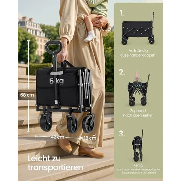 SONGMICS Kleiner Handwagen faltbar, Gartenwagen mit 4 verstärkten Rollen, 180 kg belastbar, 90 L, kompakt, tintenschwarz GFW909B01 – Bild 4