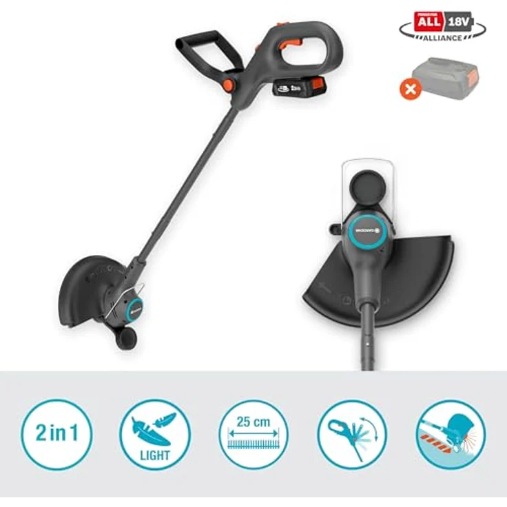 Gardena EasyTrim 25/18V, 18V Akku-Rasentrimmer mit 25 cm Schnittbreite, ohne Akku, ergonomisches Design, 2-in-1 Trimmen und Kantenschneiden – Bild 2