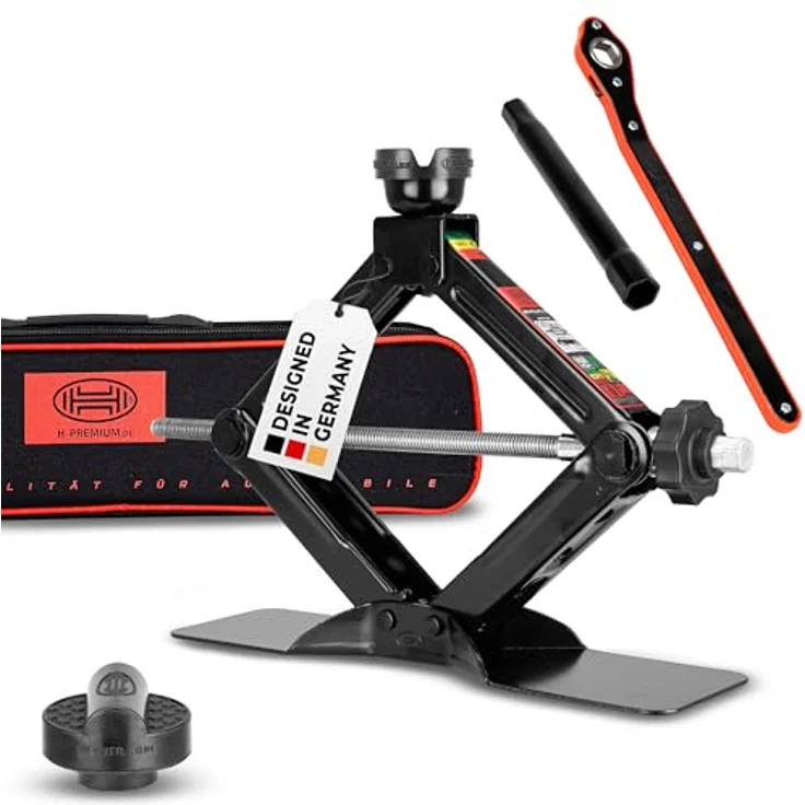 HEYNER® Multi Lift M Black, Scherenwagenheber 1,5t mit individueller Gummiauflage für Audi, höhenverstellbar 135–415 mm, drehbarer Sattel, inkl. Comfort-Verlängerung und Ratsche, Tasche, GS-geprüft – Bild 1