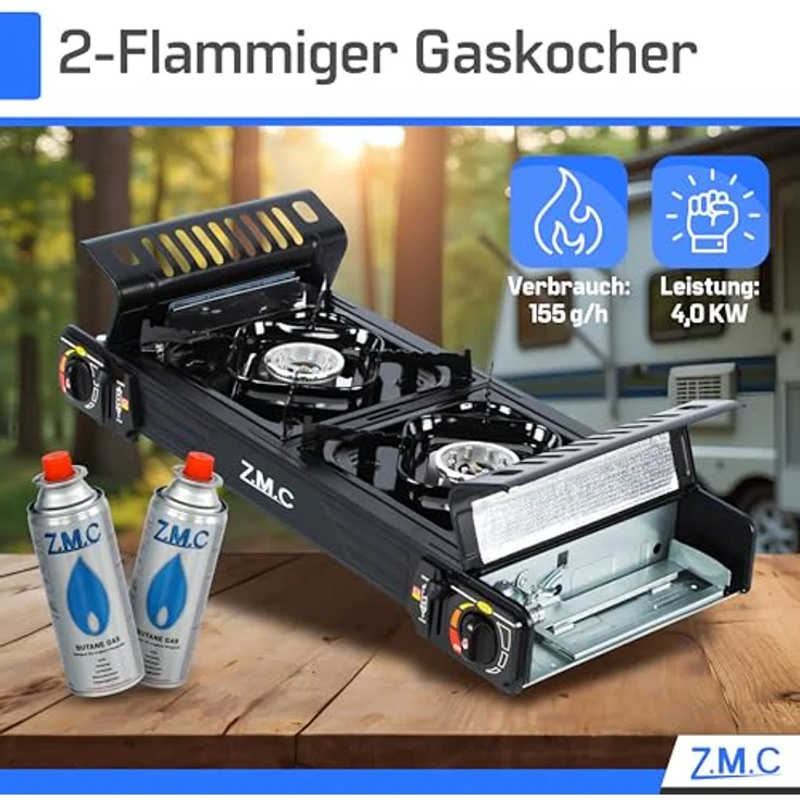 Z.M.C PREMIUM Camping Gaskocher 2-flammig mit Zündsicherung, incl. 8 Gaskartuschen 227g, Piezozündung und Windschutz für Outdoor und Innenraum – Bild 5