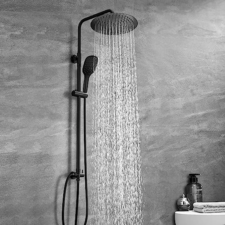 Görbach Regendusche Duschsystem 20 cm, schwarze Kopfbrause mit 3 Strahlarten und höhenverstellbarer Duschstange – Bild 2