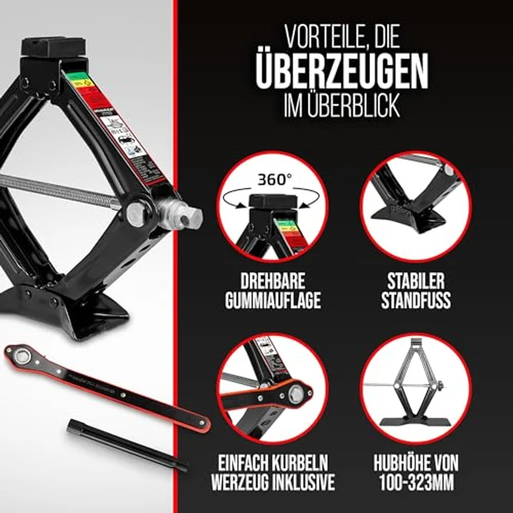 HEYNER® Ultra Lift XS PRO, Scherenwagenheber Set mit drehbarem Sattel, Radmutternschlüssel und Montagehandschuhen, 0,8 t Traglast, Schwarz – Bild 7