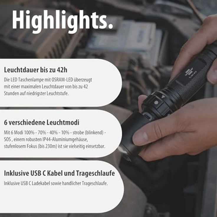 Brennenstuhl Akku Fokus Selektor LED Taschenlampe TL 801 AFS, 800lm, 230m Leuchtweite, fokussierbar, max. 42h, 6 Lichtmodi inkl. SOS & Strobe, IP44 Outdoor, inkl. USB C Ladekabel – Bild 5