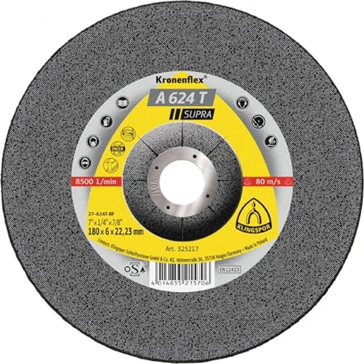 Klingspor A 624 T SUPRA Schleifscheibe, Schruppscheibe, 180x6x22,23 mm, Verpackungseinheit 10 – Bild 1