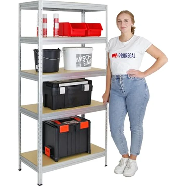 Proregal Schwerlastregal Rivet, 180 x 90 x 45 cm, 5 verstellbare Böden, Traglast 250 kg pro Boden, verzinkter Stahl – Bild 5
