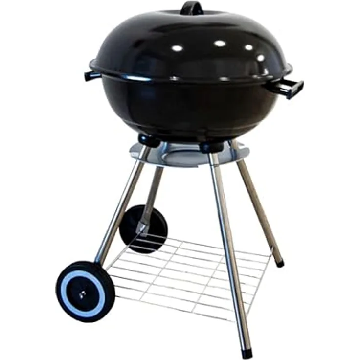 Schweng Camping Edelstahl Holzkohle Kugelgrill, 62 x 64 cm Grillfläche mit integrierten Thermometer und praktischen Transporträdern