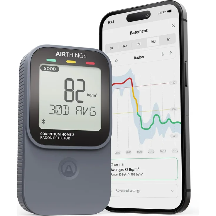 Airthings Corentium Home 2, Thermometer + Hygrometer mit Smart-App-Konnektivität, Schwarz, Grau