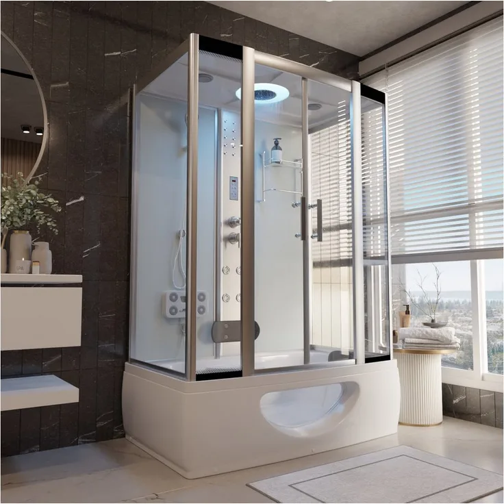 TroniTechnik Eckdusche IKARIA Acrylbadewanne mit Rundum- Sicherheitsglas, Farblichttherapie, BxT: 135x80 cm, Komplettdusche inkl. Farblicht, Radio, und Massagefunktion, Whirlduschkombination mit Sanitäracryl, 135cm x 80cm x 220cm, Sicherheitsglas, integri