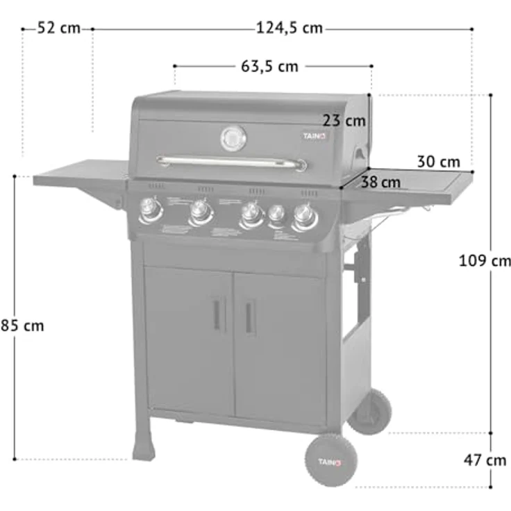 TAINO BRANDO 4+1 Gasgrill, BBQ Grillwagen mit 4 Edelstahlbrennern, Seitenkocher, klappbarem Seitentisch und integriertem Thermometer – Bild 3