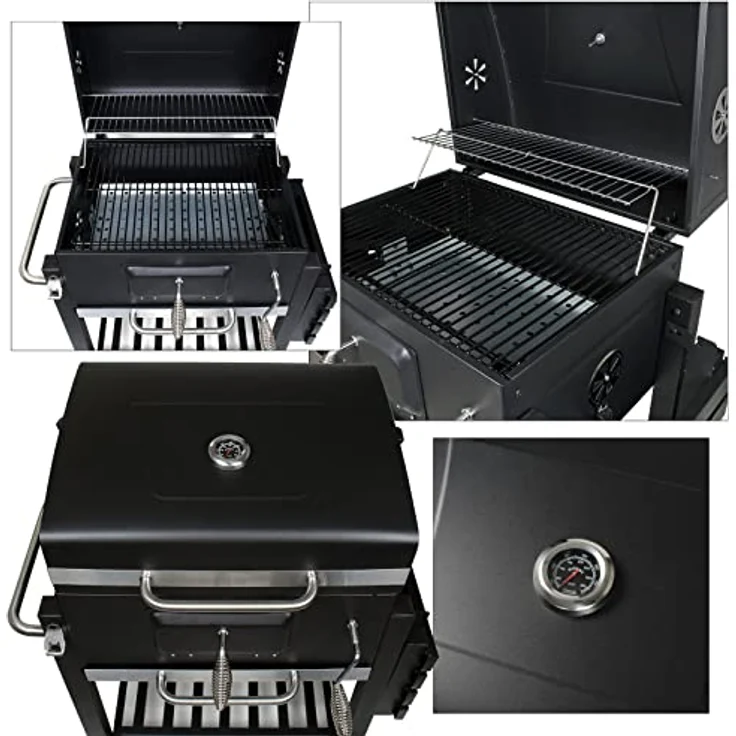 Wiltec BBQ Holzkohle Grillwagen mit Deckel, Ablage und Feuerklappe, Höhenregulierung für Kohle, Thermometer, Schwarz – Bild 4