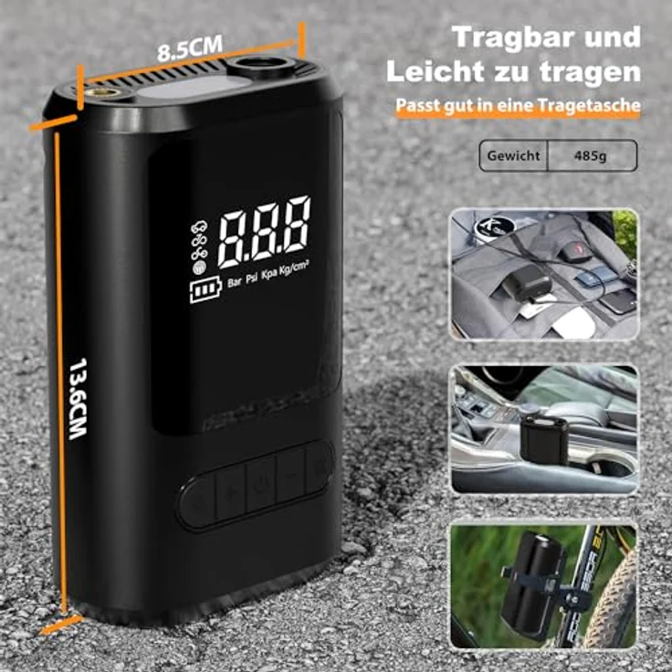 ZORUMAN 6000mAh Mini Tragbare Elektronische Luftpumpe, 150 PSI, Akku mit Digitalanzeige, Notbeleuchtung, für Auto, Motorrad, Fahrräder, Bälle – Bild 2
