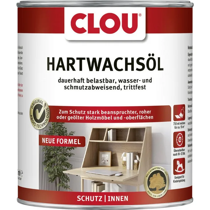 CLOU Holzschutzlasur Clou Hartwachs Öl, farblos, 750 ml - für innen, wasser- und schmutzabweisend, speichel- und schweißecht