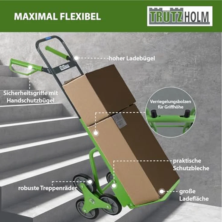 TRUTZHOLM Klappbare Treppensackkarre, höhenverstellbar, große Ladefläche, Stahl, 120 kg Traglast, 113 cm Höhe, pannensichere Vollgummiräder – Bild 4
