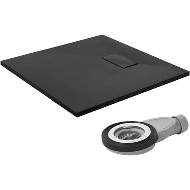 LuxeBath Duschwanne 80x80cm, quadratische Duschtasse mit rutschfester Oberfläche und Ablaufgarnitur, extra flach mit Siphon 30mm, Schwarz in Schiefer-Optik – Bild 1