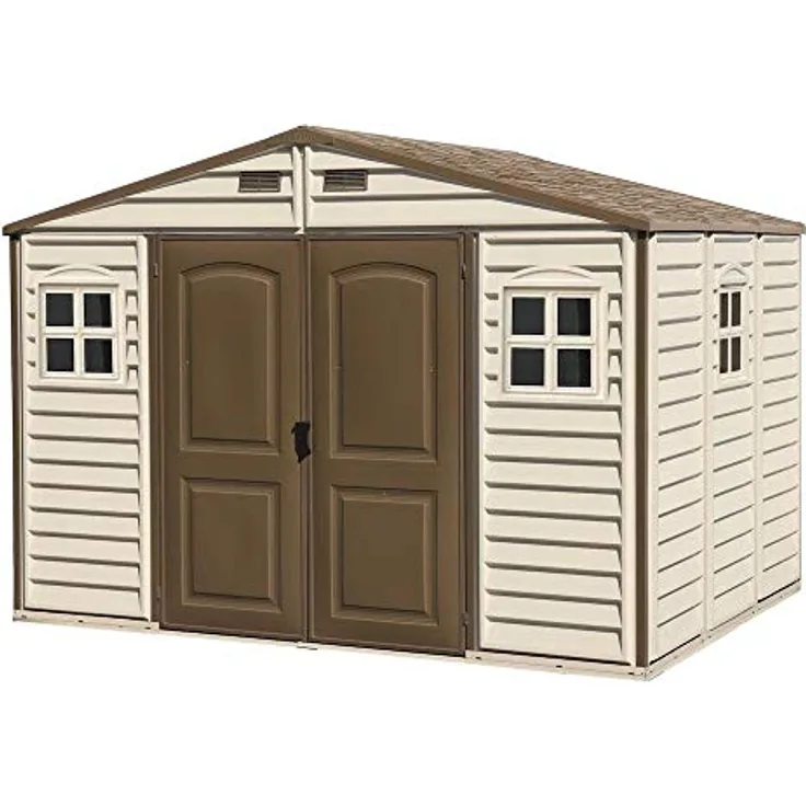 Duramax WoodSide 10 x 8 (7.64 m²) Kunststoff gerätehaus mit 3 festen Fenstern und Metallfundamentset, Gerätehaus, wartungsfreie und robuste und Dachstruktur aus Metall, Ivory/Brown