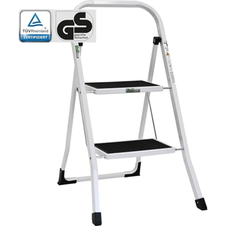 TRUTZHOLM Klapptrittleiter, 2 Stufen, TÜV/GS zertifiziert, 150 kg Traglast, Anti-Rutsch Trittflächen, Sicherheitsverriegelung, pulverbeschichteter Stahl (Weiß) – Bild 1