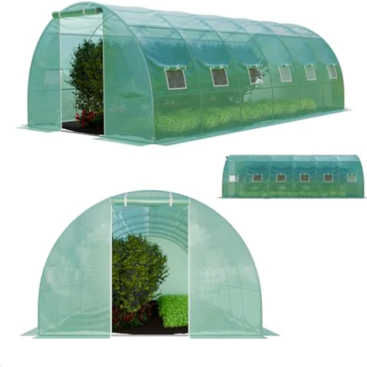 GARMIO® Foliengewächshaus Tomatengewächshaus Winterfest, Folientunnel für Aufzucht, 6 x 3 x 2 m groß, grün, 12 Fenster, Insektennetz, Rund, Mehrweg, Gitternetzfolie – Bild 1