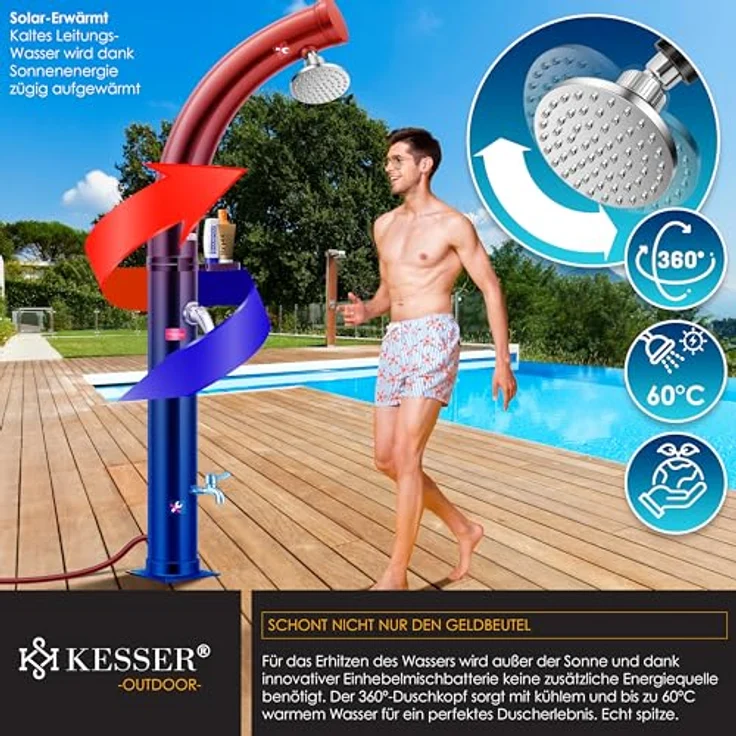 KESSER Solar Gartendusche Solardusche Bogen Inkl. Schutzhaube warmes Wasser 20 Liter max. 60°C ohne Stromanschluss Pooldusche Camping Regenduschkopf und Wasserhahn Gartenschlauch-Anschluss Schwarz - 35 Liter - Preisvergleich – Bild 4