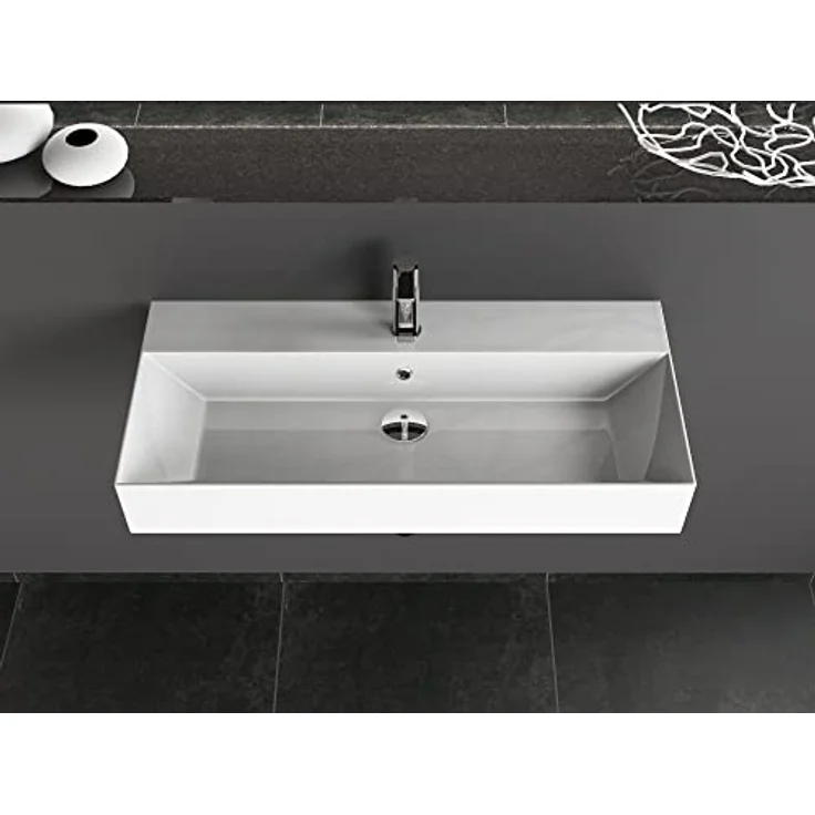 Aqua Bagno | Eckiges Design Waschbecken, hochwertige Keramik, Aufsatzwaschbecken, dünner Rand, Badezimmer | 900 x 420 mm – Bild 3