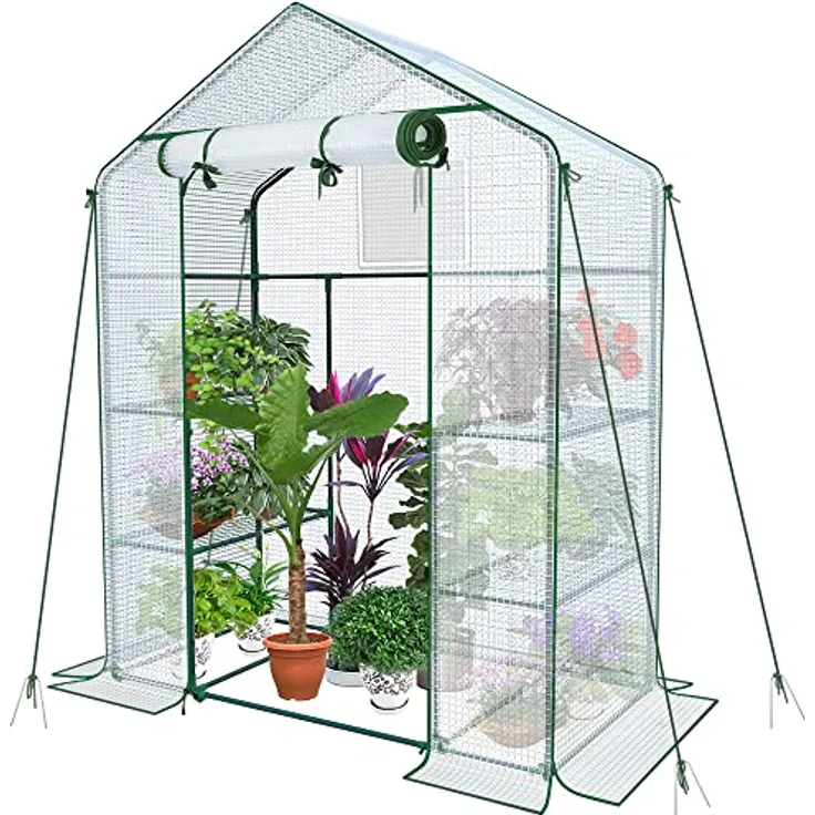 VOUNOT Gewächshaus Foliengewächshaus, begehbares Gartenhäuschen mit 4 Regalebenen, Tomatenhaus Tomatengewächshaus, Weiß 143x73x195cm