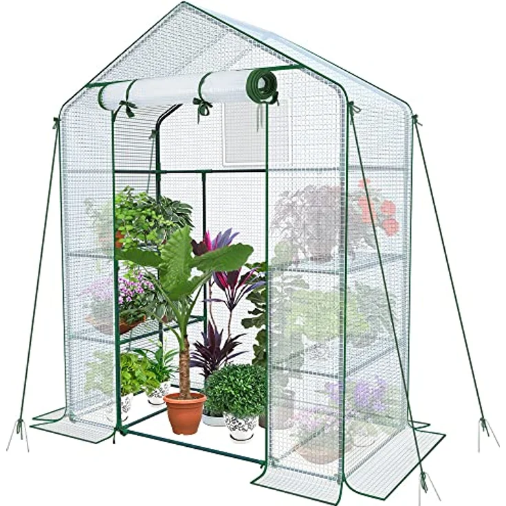 VOUNOT Gewächshaus Foliengewächshaus, begehbares Gartenhäuschen mit 4 Regalebenen, Tomatenhaus Tomatengewächshaus, Weiß 143x73x195cm – Bild 1