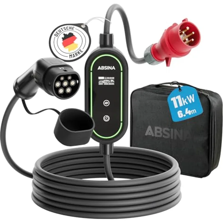 Absina mobile Ladestation Wallbox Typ 2, 11 kW, 6,4 m Kabel, schwarz, mit einstellbarem Ladestrom, IP67 wasserdicht und sicherem Überfahrschutz