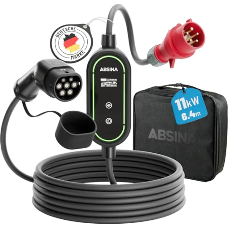 Absina mobile Ladestation Wallbox Typ 2, 11 kW, 6,4 m Kabel, schwarz, mit einstellbarem Ladestrom, IP67 wasserdicht und sicherem Überfahrschutz – Bild 1