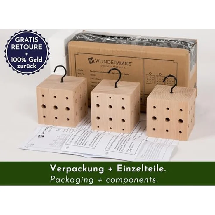 WONDERMAKE® 3er Set: Design Insektenhotel klein, Kubus aus Buche-Holz mit 3X 42 Nistplätzen, Bienenhotel hängend Nisthilfe für Wildbienen, braun schwarz – Bild 5