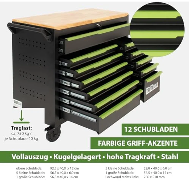 TRUTZHOLM Werkstattwagen Star XL 12 Schubladen Stahl schwarz/grün 103 x 112 cm max. Traglast: 750 kg, verschließbare Schubladen, robustes Design – Bild 4