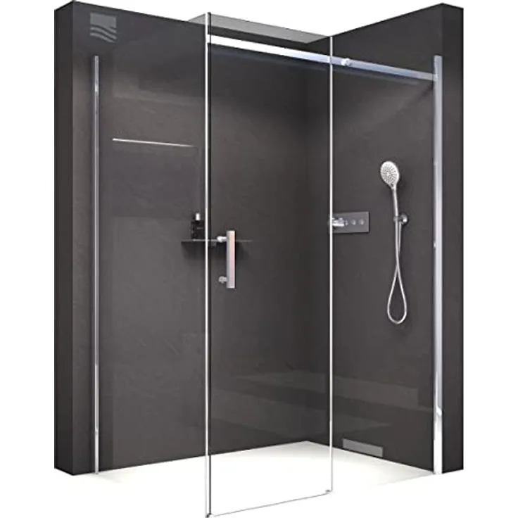 NEXTREND Eckdusche DX806A FLEX, Schiebetür mit 140 cm ESG-Sicherheitsglas, flexible Montage, NANO-Beschichtung, silbernes Profil
