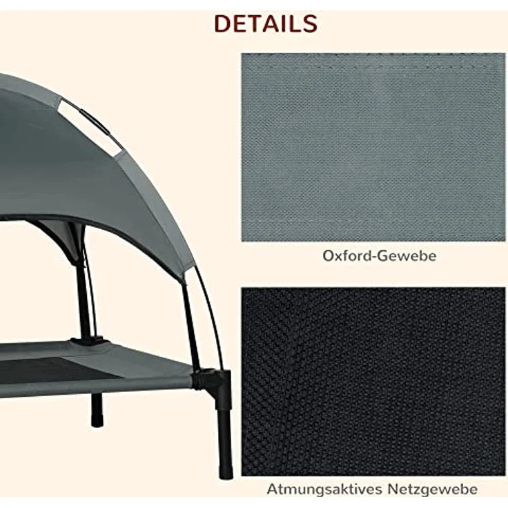 PawHut Haustierbett mit Baldachin, Erhöhtes Hundebett, Hundeliege Outdoor mit Dach, Atmungsaktiv, Taftstoff Grau 76 x 61 x 73 cm – Bild 4