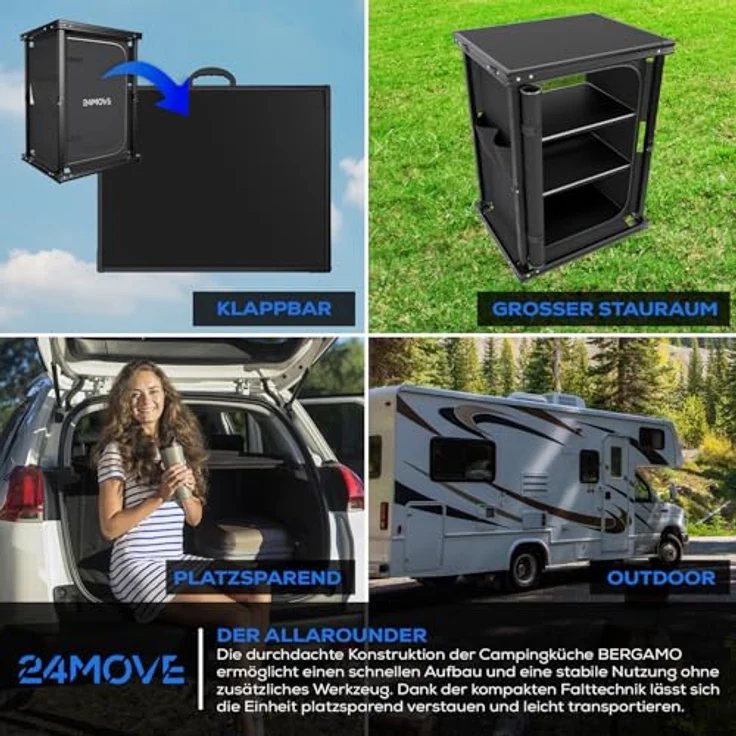24MOVE Campingküche Bergamo, faltbare Aluminium Reiseküche mit 60 x 50 x 80 cm Arbeitsplatte, großzügigen Staufächern und platzsparendem Faltmaß 62 x 9 x 52 cm – Bild 3