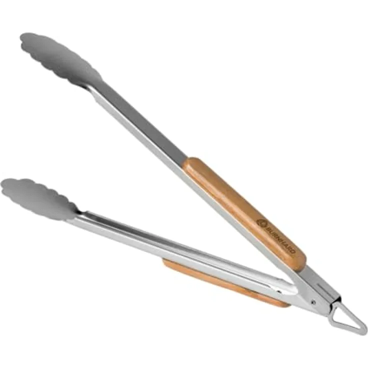 BURNHARD Lange Edelstahl Grillzange (45 cm) Akazien-Holzgriff, Grill-Zubehör, Aufhänge-Ösen
