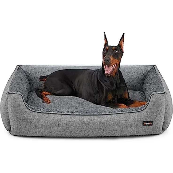 Feandrea Hundebett, Hundekissen in Leinenoptik, Hundekorb, erhöhte Ränder, rutschfeste Unterseite, abnehmbarer waschbarer Bezug, XXL, 120 x 90 x 30 cm, hellgrau