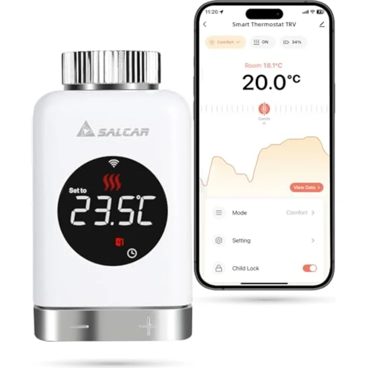 SALCAR TRV801W Heizkörperthermostat, Smart LCD WiFi Thermostat mit Sprachsteuerung für Amazon Alexa & Google Home, energieeffizient ohne Gateway, inklusive 6 Adapter und Batterien