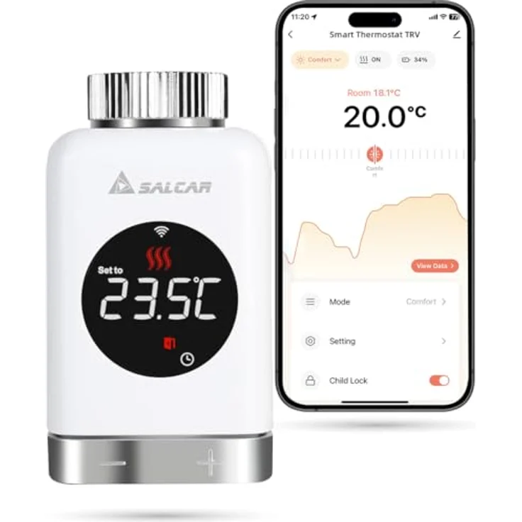 SALCAR TRV801W Heizkörperthermostat, Smart LCD WiFi Thermostat mit Sprachsteuerung für Amazon Alexa & Google Home, energieeffizient ohne Gateway, inklusive 6 Adapter und Batterien – Bild 1