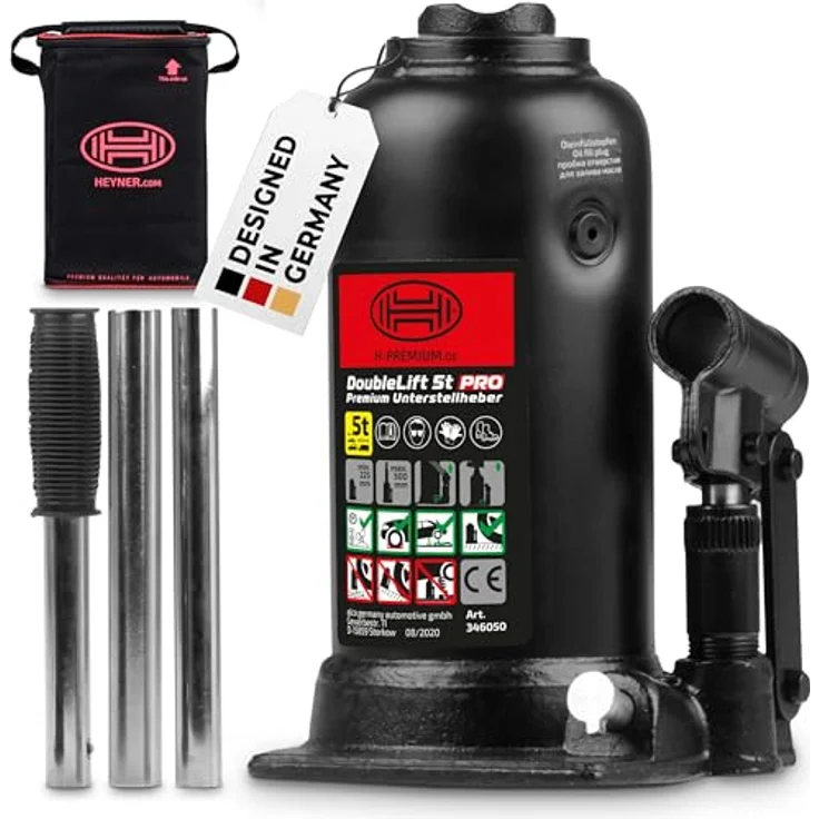 HEYNER® DoubleLift 5t PRO, Hydraulischer Stempelwagenheber mit Hubhöhe 225–500 mm für SUV, Transporter und Wohnmobil, inkl. Tasche & Gummigriff, schwarz – Bild 1