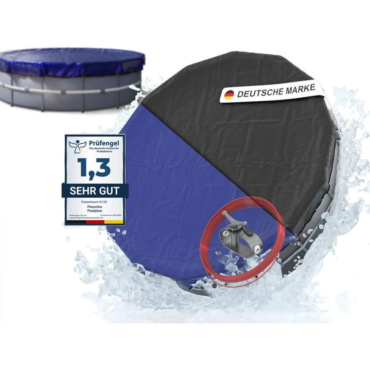 Planenfux® Pool-Abdeckplane Winterabdeckung rund, UV-beständig PE, 320-366 cm, blau, inkl. Stahlseil und Seilspanner, beidseitig 200 g/m² wetterfest