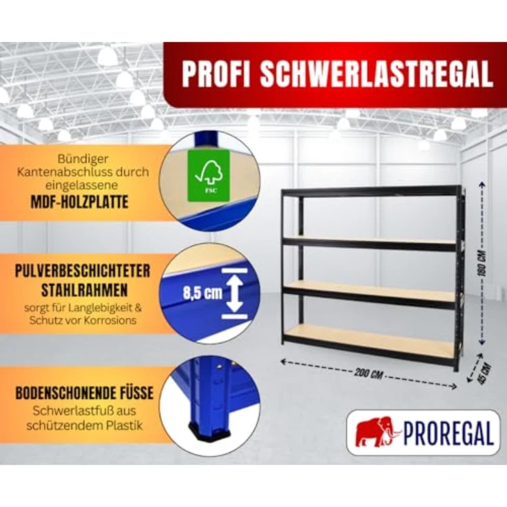 Proregal Schwerlastregal DINO, 180 x 200 x 45 cm, Traglast 500 kg pro Boden, 4 verstellbare Böden, Schwarz – Bild 2