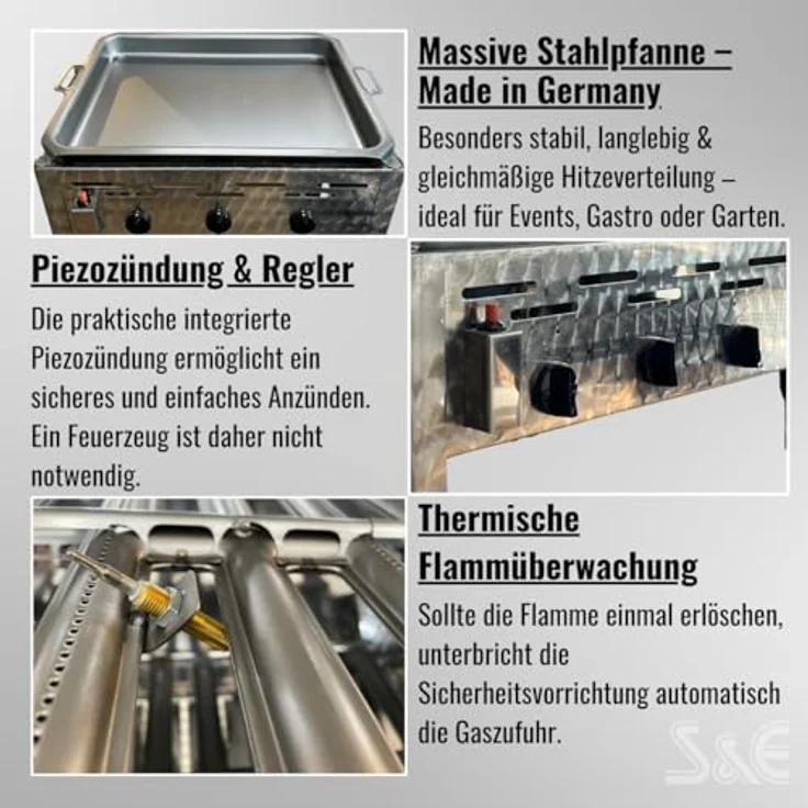 Bluecraft Edelstahl Gastrobräter 3-flammig mit Pfanne, 10,8 kW Leistung, inkl. Gasschlauch, Druckminderer & Gasflaschenschlüssel, Made in Germany – Bild 5