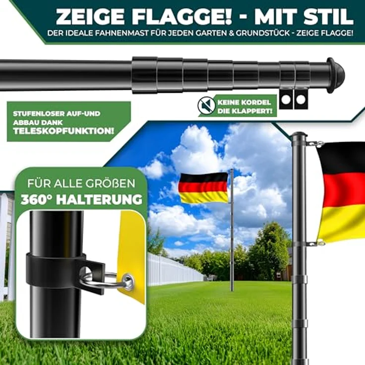 KESSER Teleskop Fahnenmast Aluminium 6,30m Bodenhülse 60cm inkl Deutschlandfahne Höhenverstellbar Flaggenmast Mast Deutschland Flagge Alu Schwarz – Bild 3