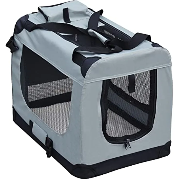 Fudajo Faltbare Transportbox für Hunde, Katzen XXL (90x63x63cm), robust, leicht, sicher, mit Tragegriff und Decke, Grau