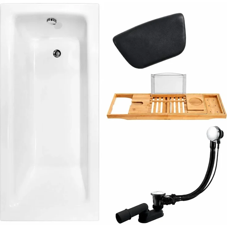 KOLMAN Badewanne TALIA, Rechteck 100 x 70 cm, mit Bambus-Badewannenablage und Kopfstütze, inkl. Ablauf und Füße, schneeweiß
