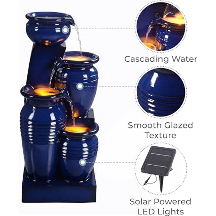 Teamson Home Gartenbrunnen Solarbrunnen 4-stufig aus Polyresin, blau mit LED-Beleuchtung, Höhe 73 cm – Bild 4