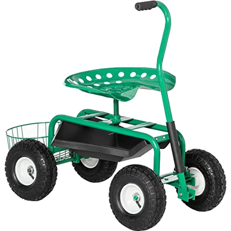 Outsunny Rollsitz 360° drehbar, höhenverstellbarer Gartenwagen mit Ablagefläche und Mobilen Rollen, belastbar bis 150 kg, Grün